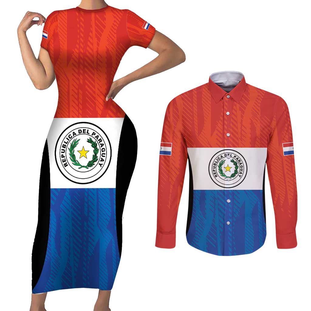 Paraguay Football Custom Couples Matching Short Sleeve Bodycon Dress and Long Sleeve Button Shirt Come On Albirroja with Flag Style