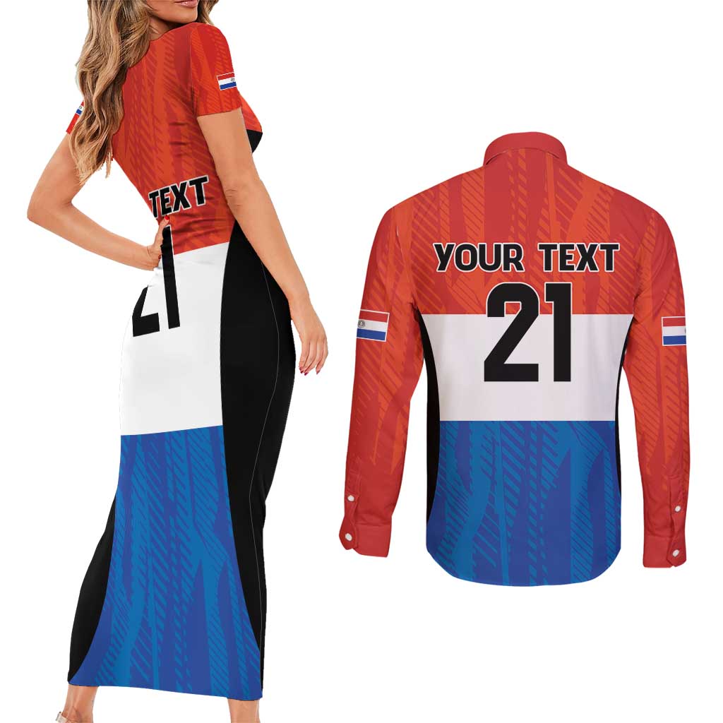 Paraguay Football Custom Couples Matching Short Sleeve Bodycon Dress and Long Sleeve Button Shirt Come On Albirroja with Flag Style