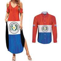 Paraguay Football Custom Couples Matching Summer Maxi Dress and Long Sleeve Button Shirt Come On Albirroja with Flag Style