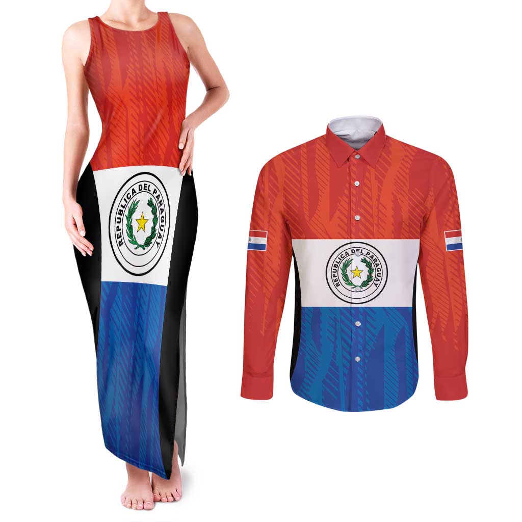 Paraguay Football Custom Couples Matching Tank Maxi Dress and Long Sleeve Button Shirt Come On Albirroja with Flag Style