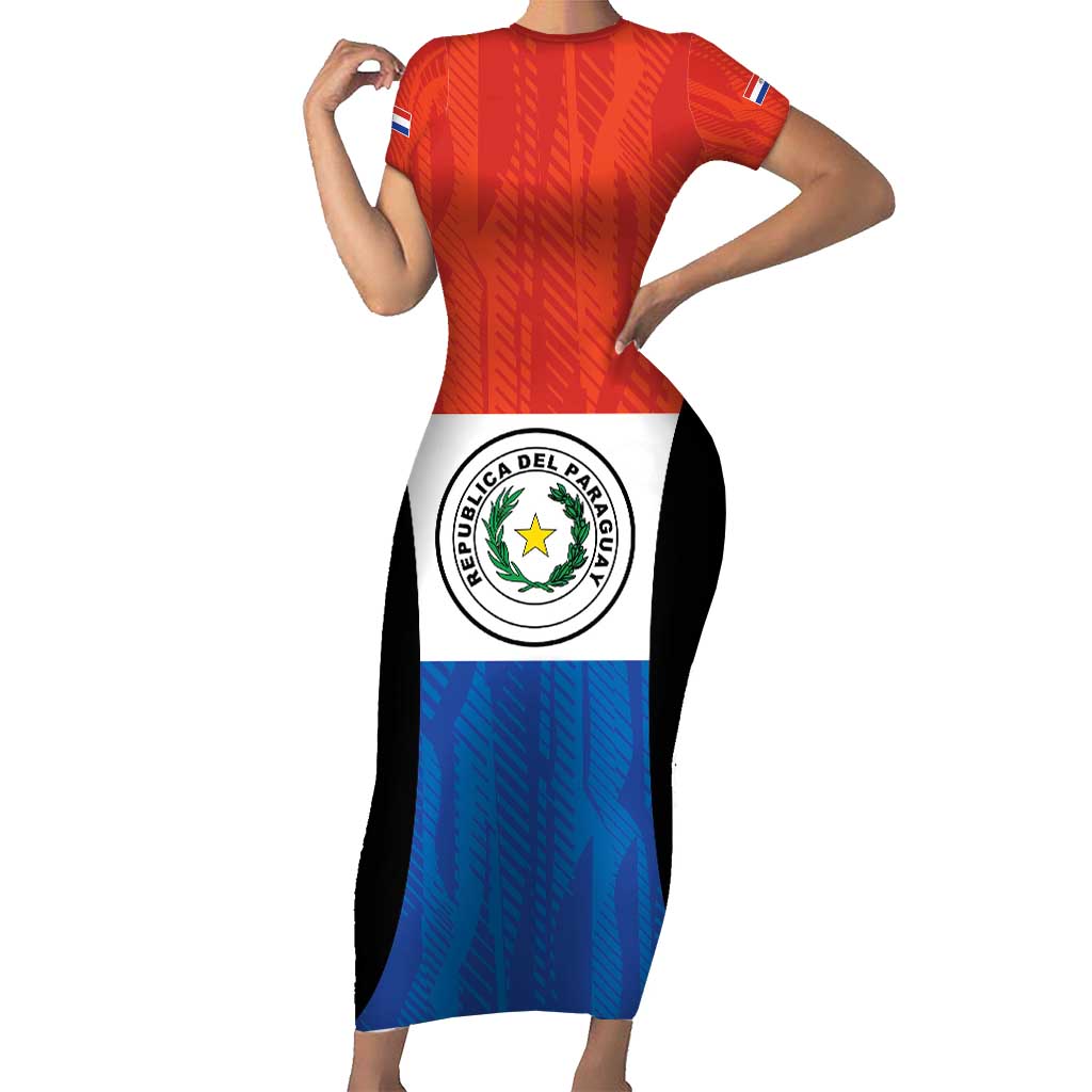 Paraguay Football Custom Short Sleeve Bodycon Dress Come On Albirroja with Flag Style