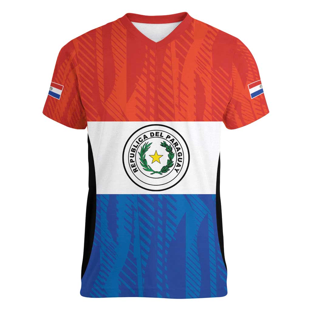 Paraguay Football Custom Women V-Neck T-Shirt Come On Albirroja with Flag Style