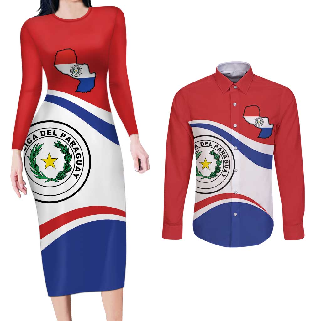 Paraguay Paz y justicia Couples Matching Long Sleeve Bodycon Dress and Long Sleeve Button Shirt Coat of arms of Paraguay