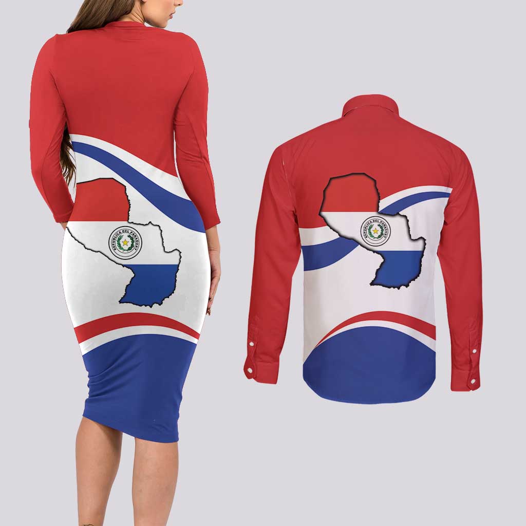 Paraguay Paz y justicia Couples Matching Long Sleeve Bodycon Dress and Long Sleeve Button Shirt Coat of arms of Paraguay