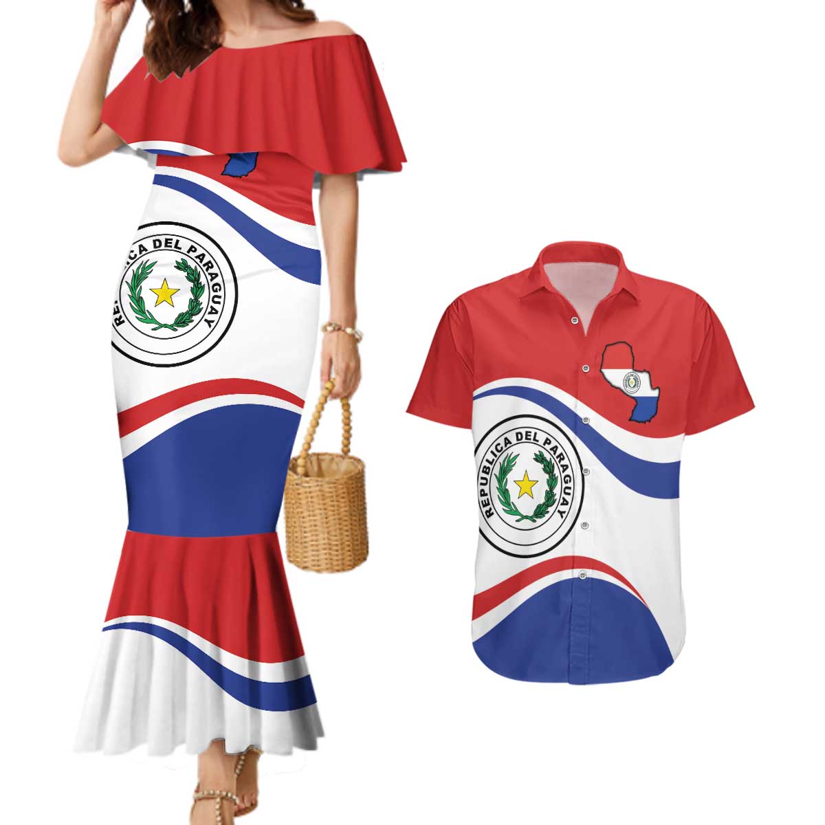 Paraguay Paz y justicia Couples Matching Mermaid Dress and Hawaiian Shirt Coat of arms of Paraguay