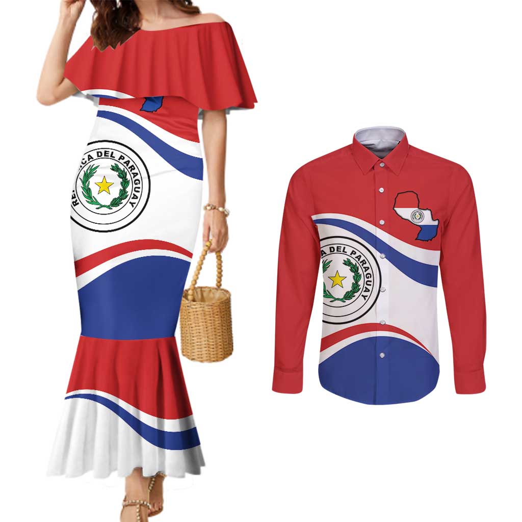 Paraguay Paz y justicia Couples Matching Mermaid Dress and Long Sleeve Button Shirt Coat of arms of Paraguay