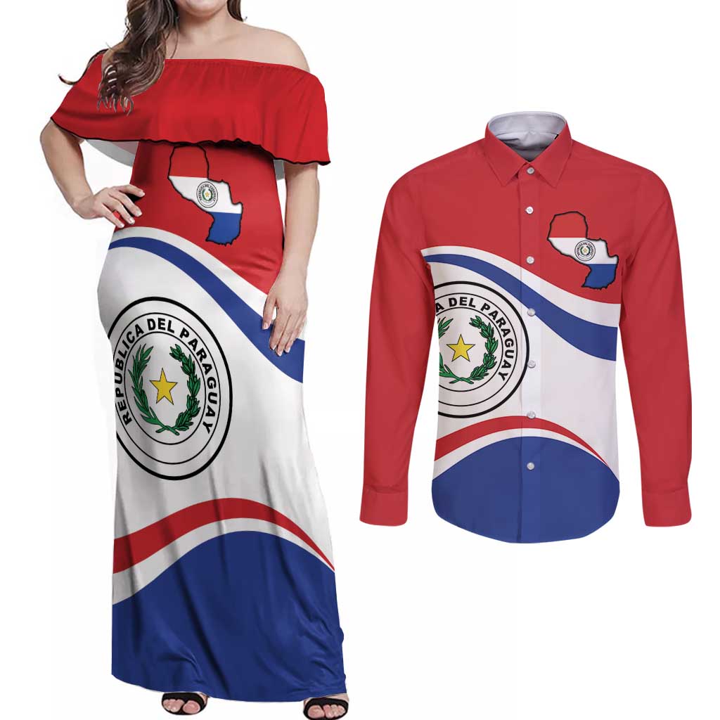 Paraguay Paz y justicia Couples Matching Off Shoulder Maxi Dress and Long Sleeve Button Shirt Coat of arms of Paraguay