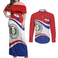 Paraguay Paz y justicia Couples Matching Off Shoulder Maxi Dress and Long Sleeve Button Shirt Coat of arms of Paraguay