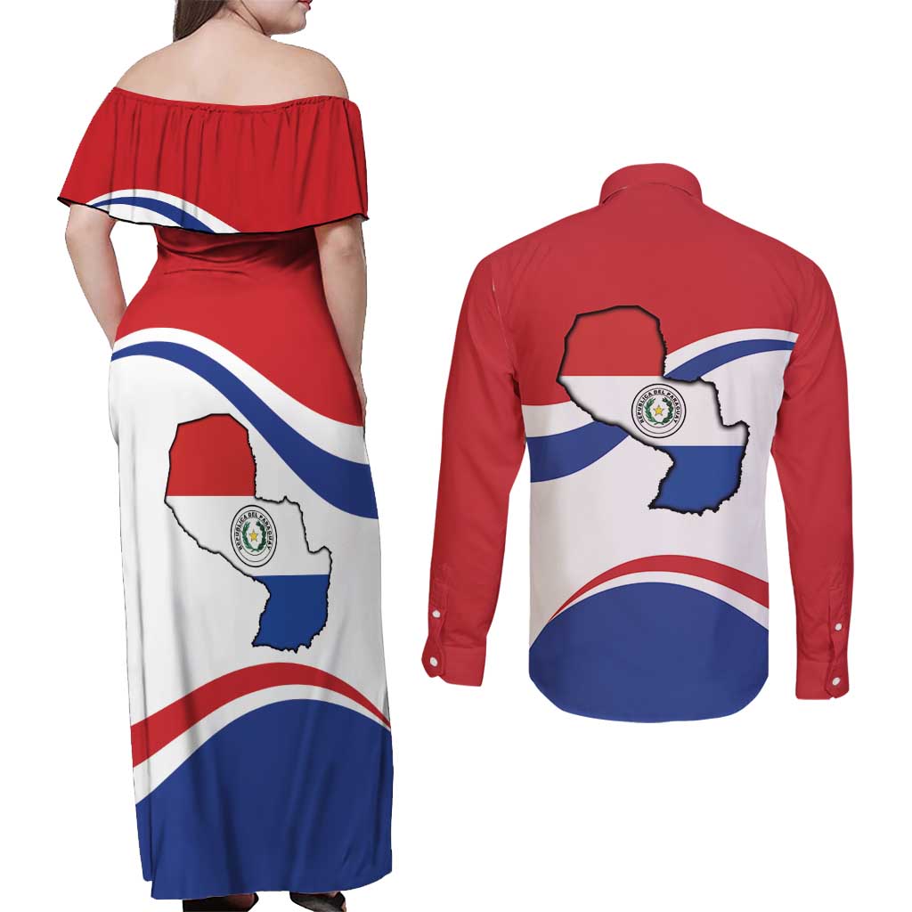 Paraguay Paz y justicia Couples Matching Off Shoulder Maxi Dress and Long Sleeve Button Shirt Coat of arms of Paraguay