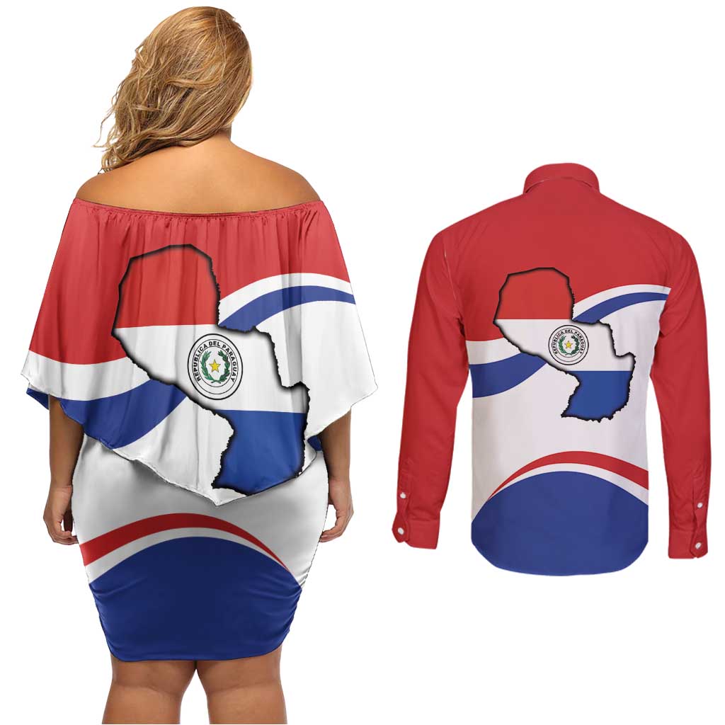 Paraguay Paz y justicia Couples Matching Off Shoulder Short Dress and Long Sleeve Button Shirt Coat of arms of Paraguay