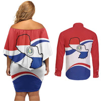 Paraguay Paz y justicia Couples Matching Off Shoulder Short Dress and Long Sleeve Button Shirt Coat of arms of Paraguay