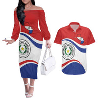 Paraguay Paz y justicia Couples Matching Off The Shoulder Long Sleeve Dress and Hawaiian Shirt Coat of arms of Paraguay