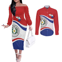 Paraguay Paz y justicia Couples Matching Off The Shoulder Long Sleeve Dress and Long Sleeve Button Shirt Coat of arms of Paraguay