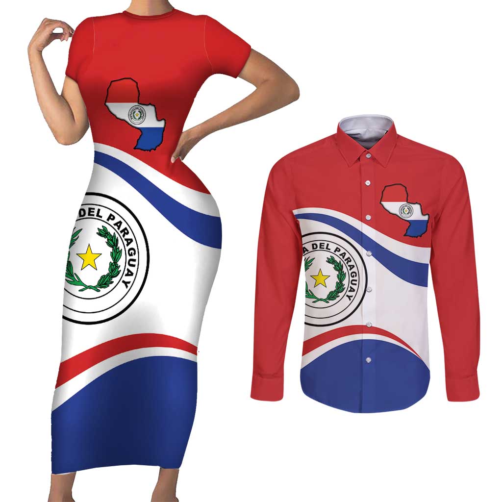 Paraguay Paz y justicia Couples Matching Short Sleeve Bodycon Dress and Long Sleeve Button Shirt Coat of arms of Paraguay