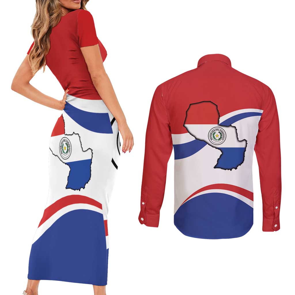 Paraguay Paz y justicia Couples Matching Short Sleeve Bodycon Dress and Long Sleeve Button Shirt Coat of arms of Paraguay
