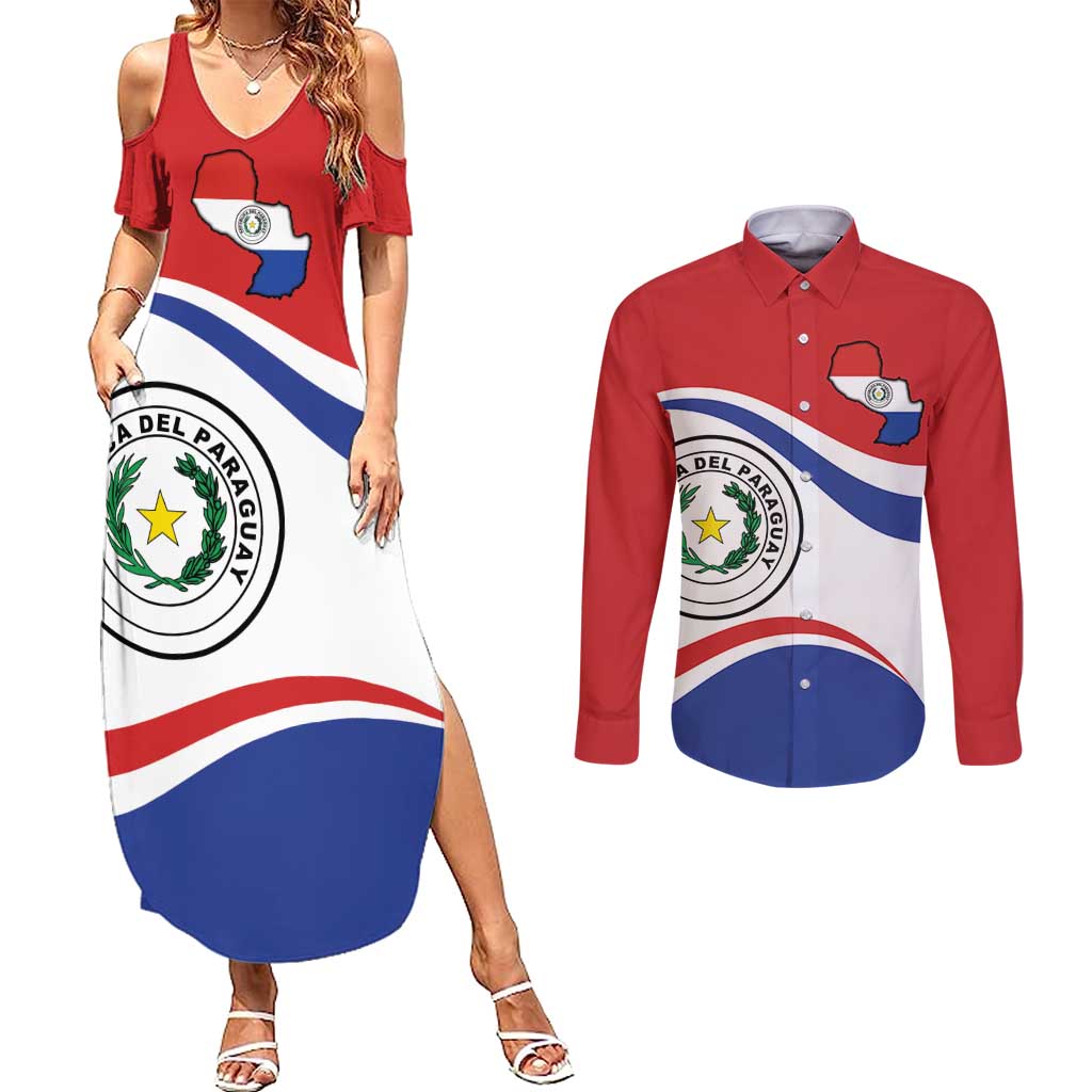 Paraguay Paz y justicia Couples Matching Summer Maxi Dress and Long Sleeve Button Shirt Coat of arms of Paraguay