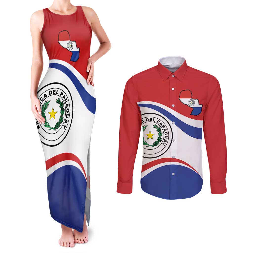 Paraguay Paz y justicia Couples Matching Tank Maxi Dress and Long Sleeve Button Shirt Coat of arms of Paraguay