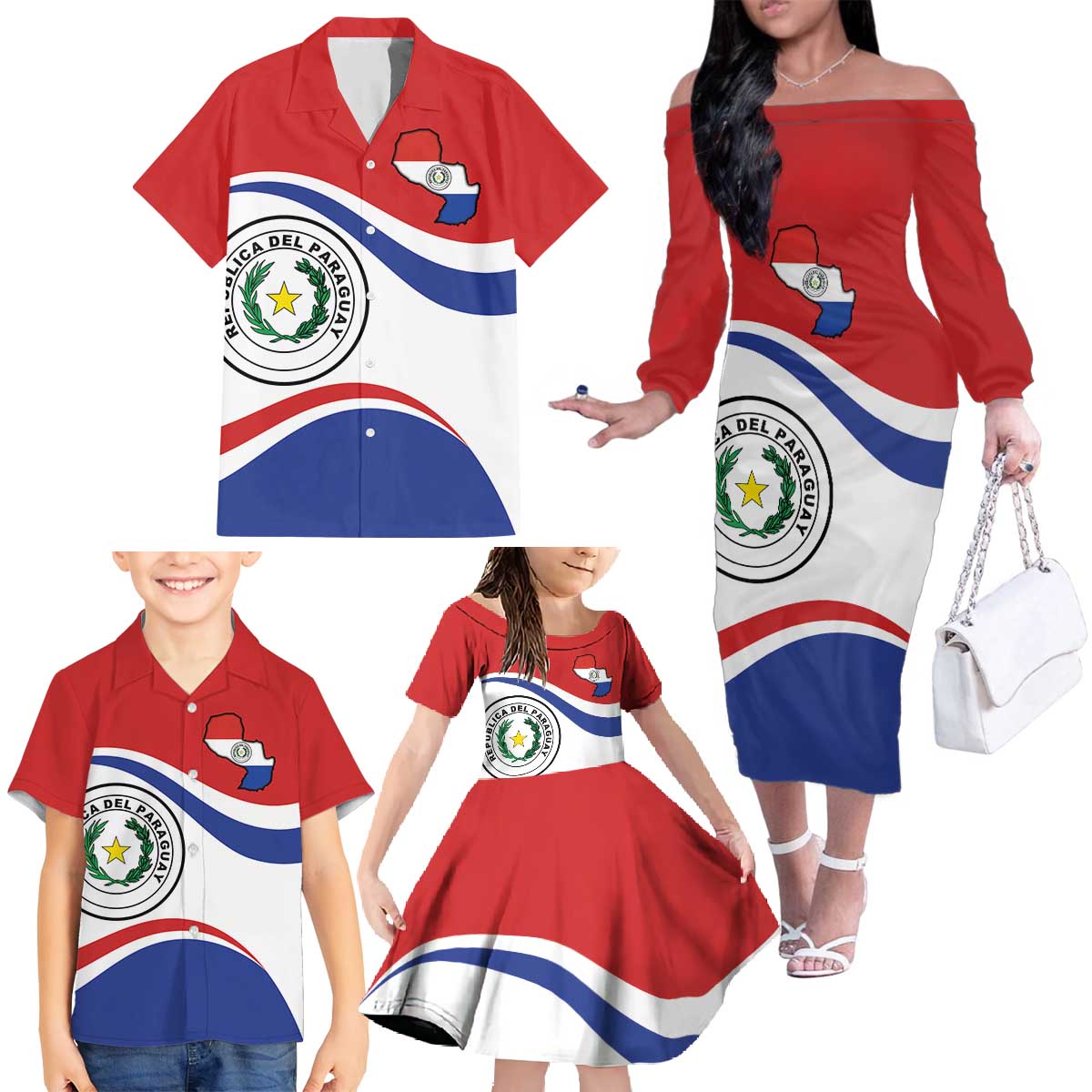 Paraguay Paz y justicia Family Matching Off The Shoulder Long Sleeve Dress and Hawaiian Shirt Coat of arms of Paraguay