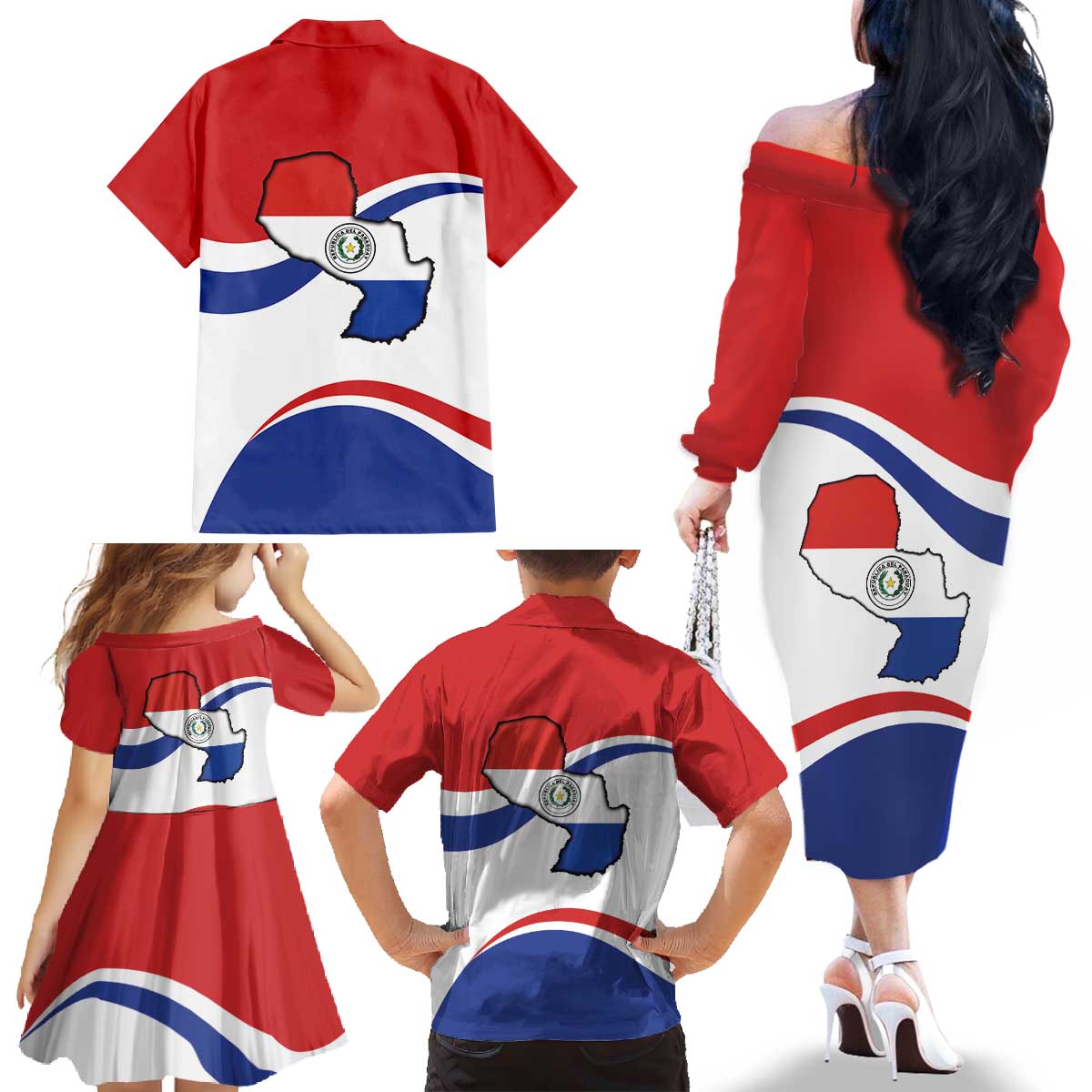 Paraguay Paz y justicia Family Matching Off The Shoulder Long Sleeve Dress and Hawaiian Shirt Coat of arms of Paraguay