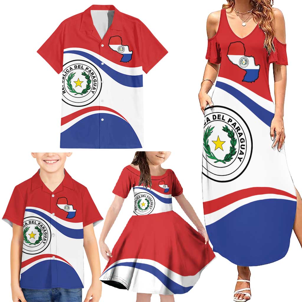 Paraguay Paz y justicia Family Matching Summer Maxi Dress and Hawaiian Shirt Coat of arms of Paraguay