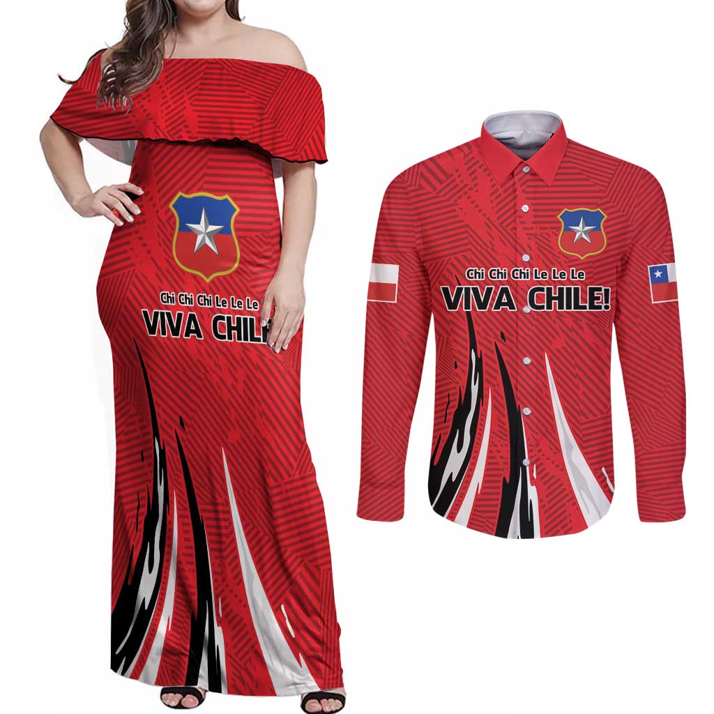 Chile Football Custom Couples Matching Off Shoulder Maxi Dress and Long Sleeve Button Shirt Chi Chi Chi Le Le Le Viva Chile