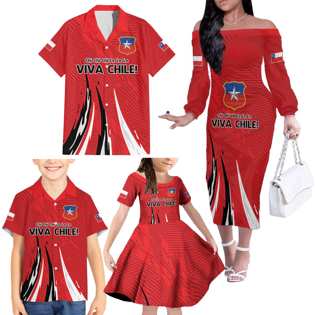 Chile Football Custom Family Matching Off The Shoulder Long Sleeve Dress and Hawaiian Shirt Chi Chi Chi Le Le Le Viva Chile