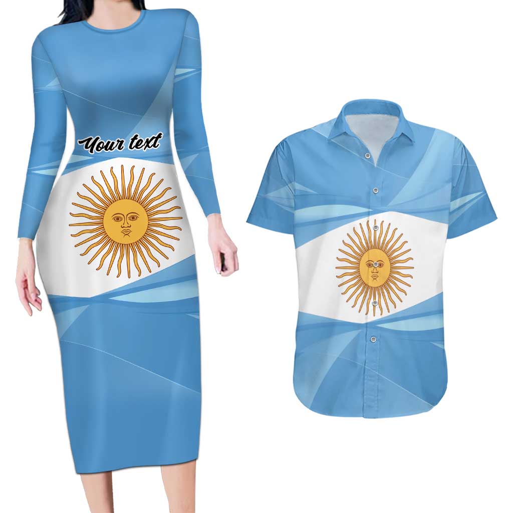 Argentina Flag Day Personalized Couples Matching Long Sleeve Bodycon Dress and Hawaiian Shirt Simple Sol de Mayo