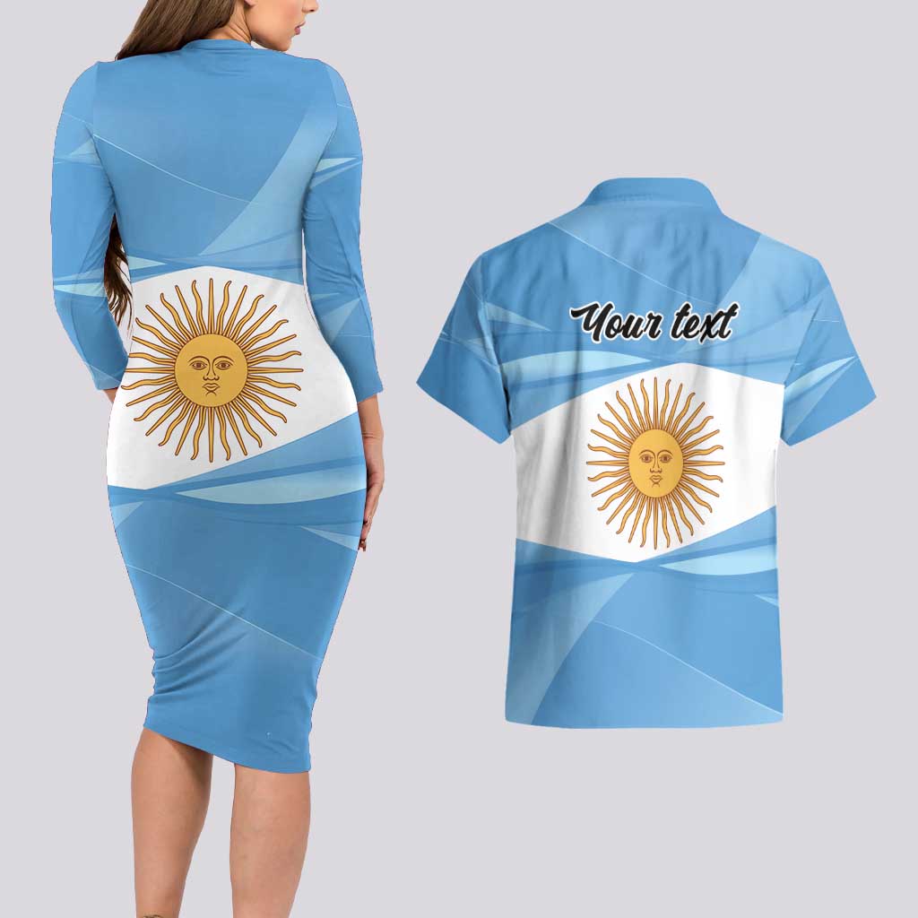 Argentina Flag Day Personalized Couples Matching Long Sleeve Bodycon Dress and Hawaiian Shirt Simple Sol de Mayo