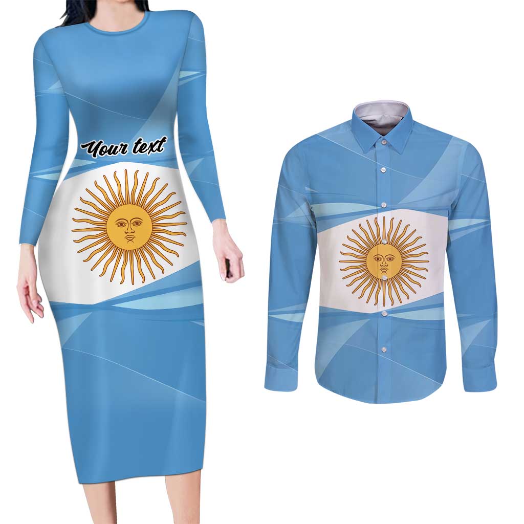 Argentina Flag Day Personalized Couples Matching Long Sleeve Bodycon Dress and Long Sleeve Button Shirt Simple Sol de Mayo