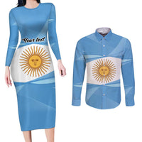 Argentina Flag Day Personalized Couples Matching Long Sleeve Bodycon Dress and Long Sleeve Button Shirt Simple Sol de Mayo