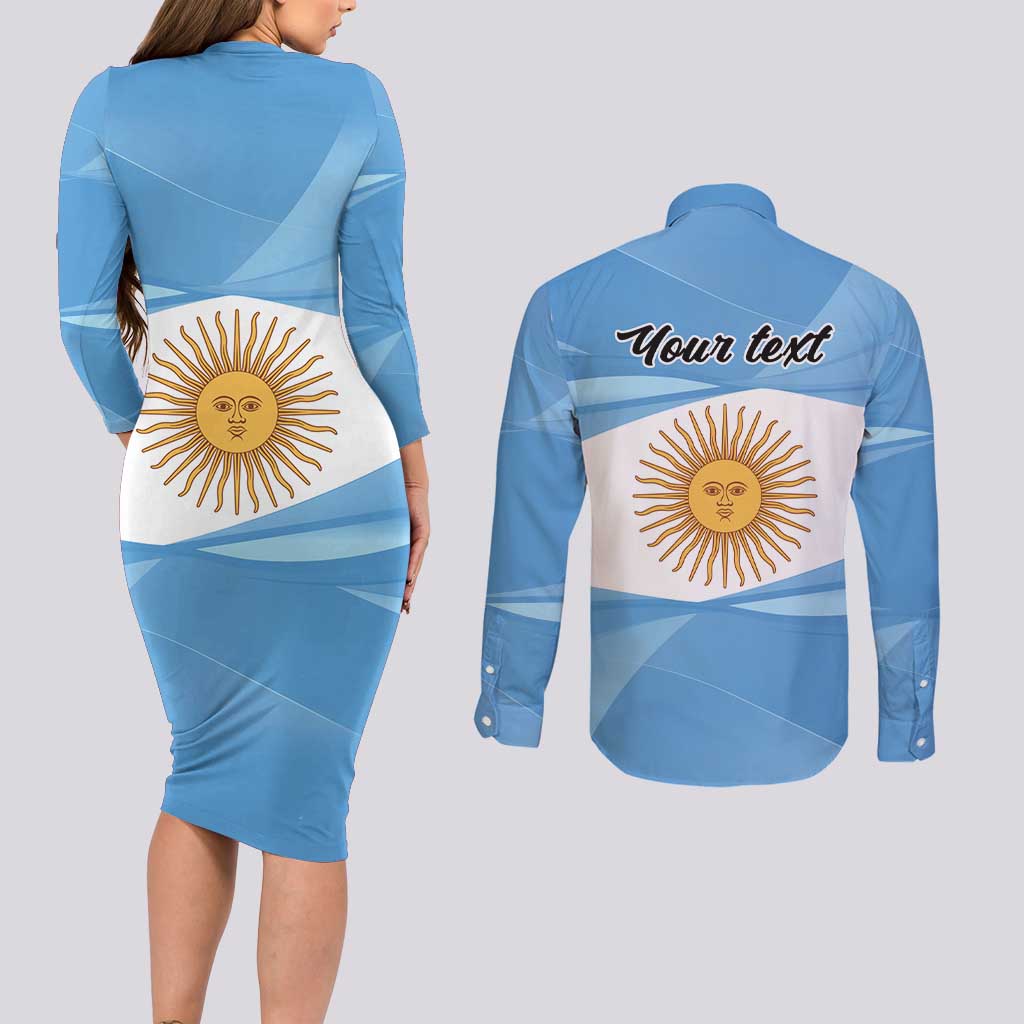 Argentina Flag Day Personalized Couples Matching Long Sleeve Bodycon Dress and Long Sleeve Button Shirt Simple Sol de Mayo