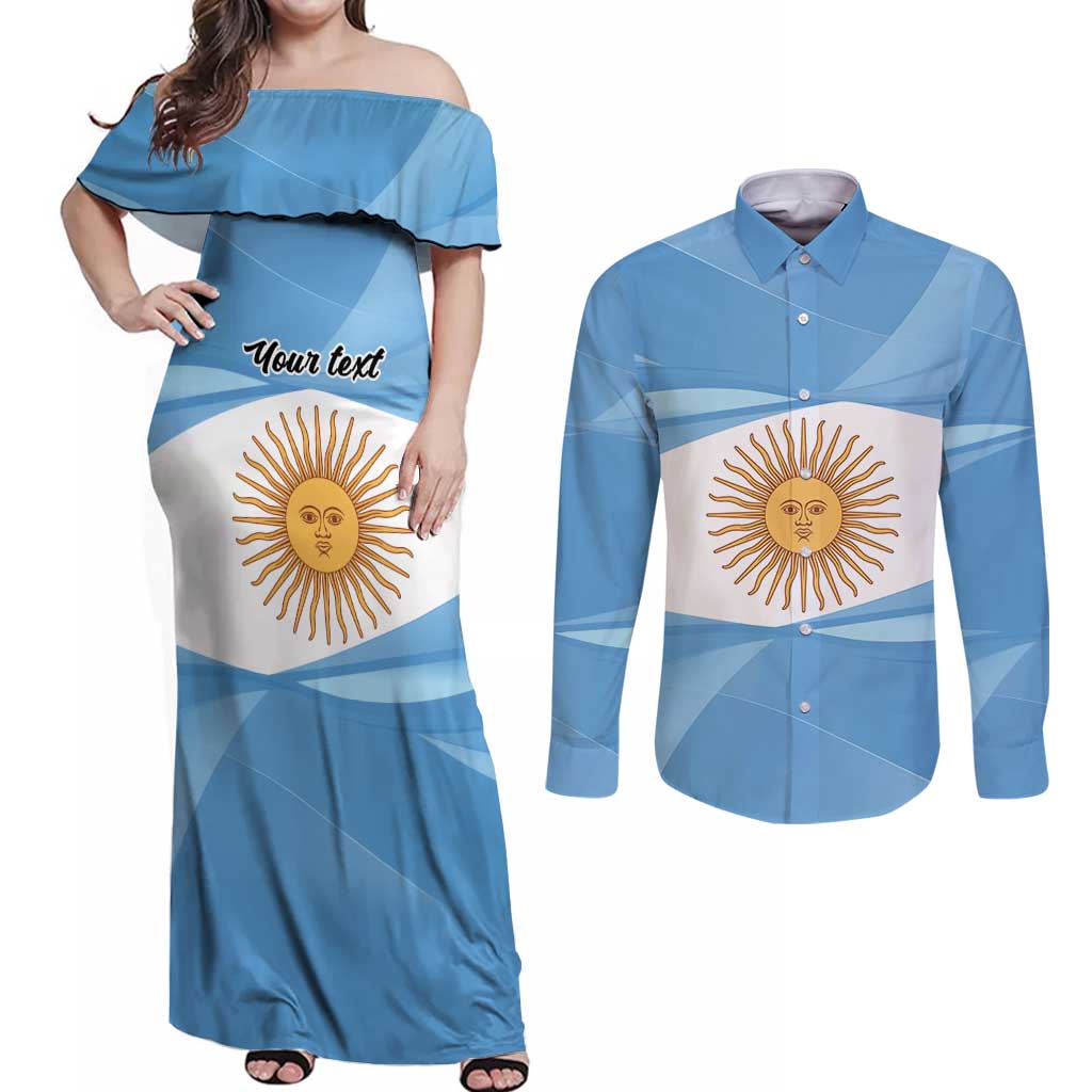 Argentina Flag Day Personalized Couples Matching Off Shoulder Maxi Dress and Long Sleeve Button Shirt Simple Sol de Mayo
