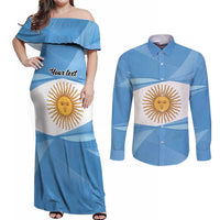 Argentina Flag Day Personalized Couples Matching Off Shoulder Maxi Dress and Long Sleeve Button Shirt Simple Sol de Mayo