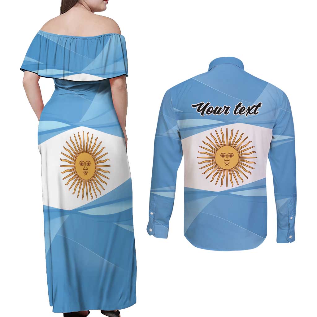 Argentina Flag Day Personalized Couples Matching Off Shoulder Maxi Dress and Long Sleeve Button Shirt Simple Sol de Mayo
