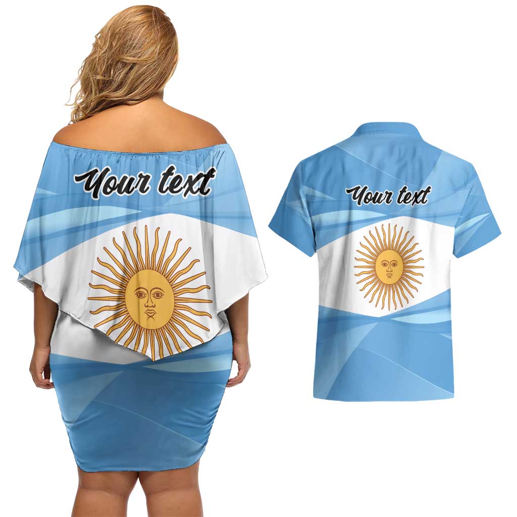 Argentina Flag Day Personalized Couples Matching Off Shoulder Short Dress and Hawaiian Shirt Simple Sol de Mayo