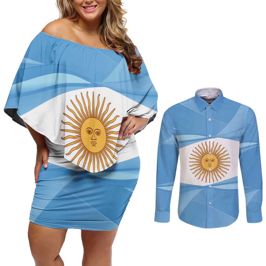 Argentina Flag Day Personalized Couples Matching Off Shoulder Short Dress and Long Sleeve Button Shirt Simple Sol de Mayo