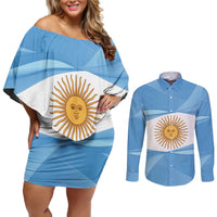 Argentina Flag Day Personalized Couples Matching Off Shoulder Short Dress and Long Sleeve Button Shirt Simple Sol de Mayo