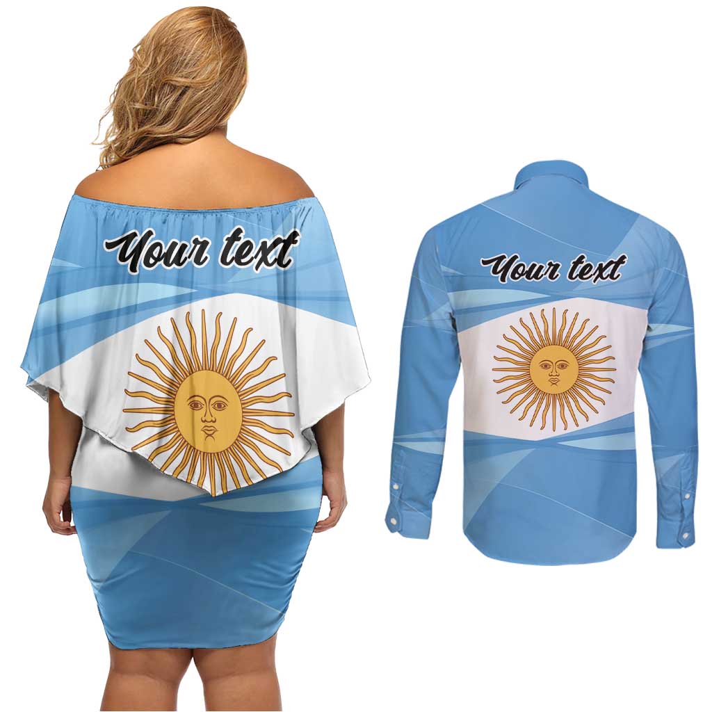 Argentina Flag Day Personalized Couples Matching Off Shoulder Short Dress and Long Sleeve Button Shirt Simple Sol de Mayo