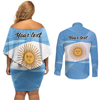 Argentina Flag Day Personalized Couples Matching Off Shoulder Short Dress and Long Sleeve Button Shirt Simple Sol de Mayo