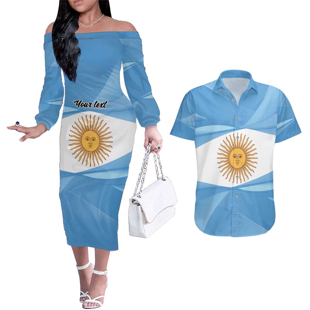 Argentina Flag Day Personalized Couples Matching Off The Shoulder Long Sleeve Dress and Hawaiian Shirt Simple Sol de Mayo