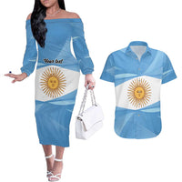 Argentina Flag Day Personalized Couples Matching Off The Shoulder Long Sleeve Dress and Hawaiian Shirt Simple Sol de Mayo