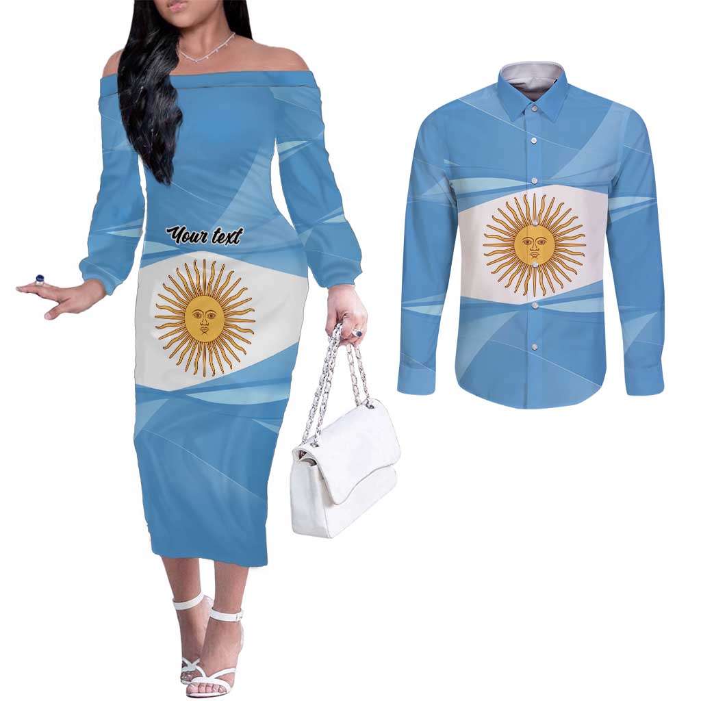Argentina Flag Day Personalized Couples Matching Off The Shoulder Long Sleeve Dress and Long Sleeve Button Shirt Simple Sol de Mayo