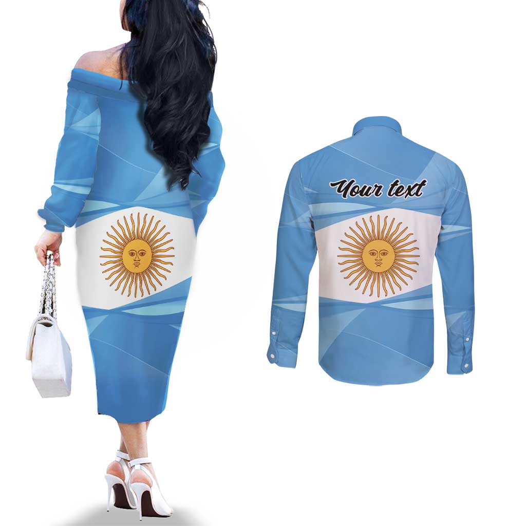 Argentina Flag Day Personalized Couples Matching Off The Shoulder Long Sleeve Dress and Long Sleeve Button Shirt Simple Sol de Mayo