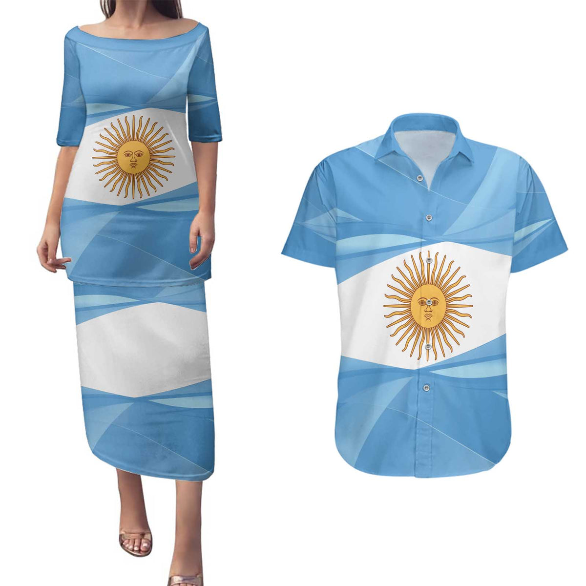 Argentina Flag Day Personalized Couples Matching Puletasi and Hawaiian Shirt Simple Sol de Mayo