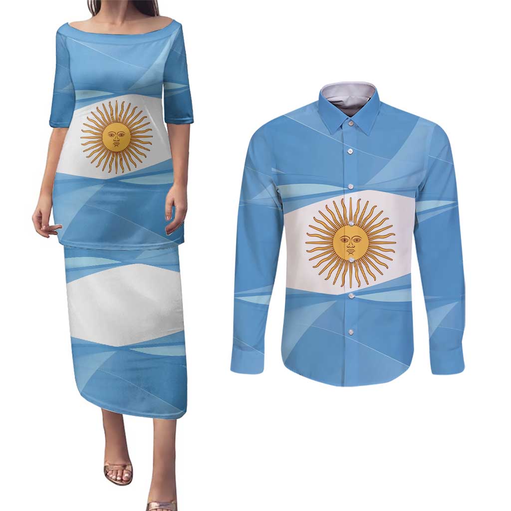 Argentina Flag Day Personalized Couples Matching Puletasi and Long Sleeve Button Shirt Simple Sol de Mayo