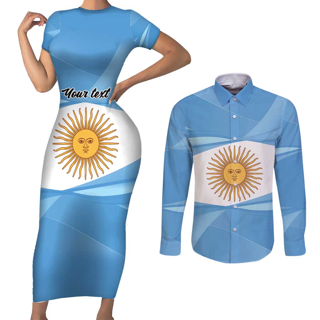 Argentina Flag Day Personalized Couples Matching Short Sleeve Bodycon Dress and Long Sleeve Button Shirt Simple Sol de Mayo