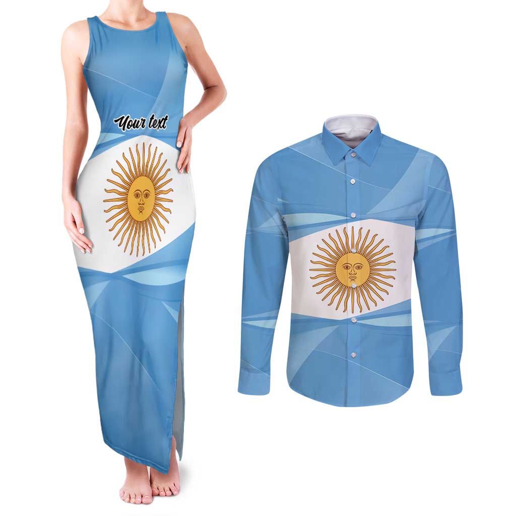 Argentina Flag Day Personalized Couples Matching Tank Maxi Dress and Long Sleeve Button Shirt Simple Sol de Mayo