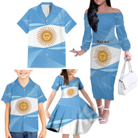 Argentina Flag Day Personalized Family Matching Off The Shoulder Long Sleeve Dress and Hawaiian Shirt Simple Sol de Mayo