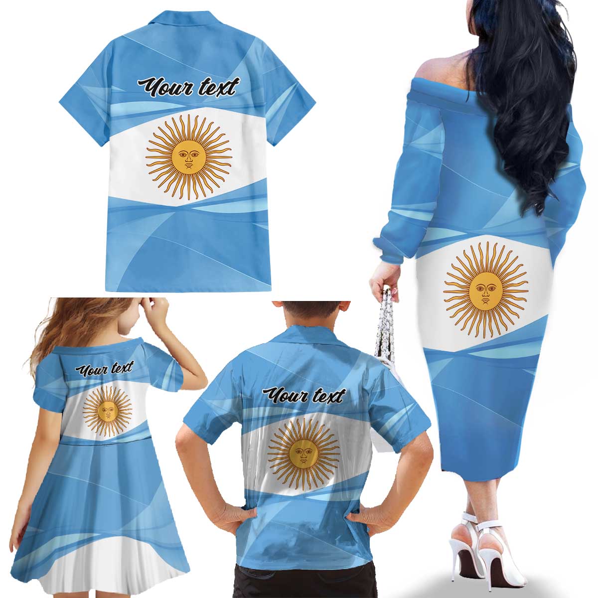 Argentina Flag Day Personalized Family Matching Off The Shoulder Long Sleeve Dress and Hawaiian Shirt Simple Sol de Mayo