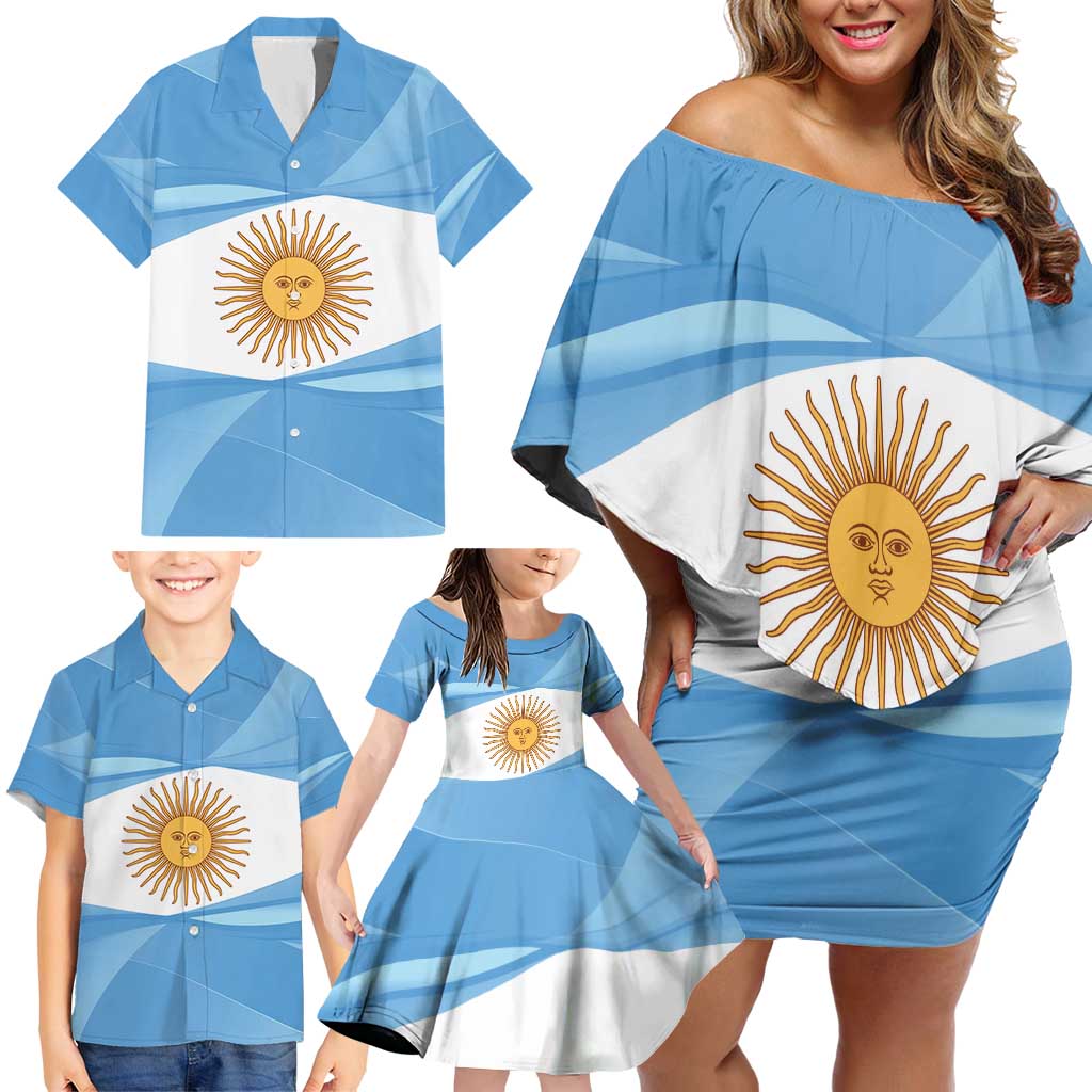 Argentina Flag Day Personalized Family Matching Off Shoulder Short Dress and Hawaiian Shirt Simple Sol de Mayo